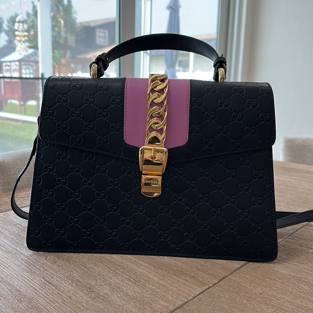 Gucci Sylvie Guccissima Pink and Black top handle bag